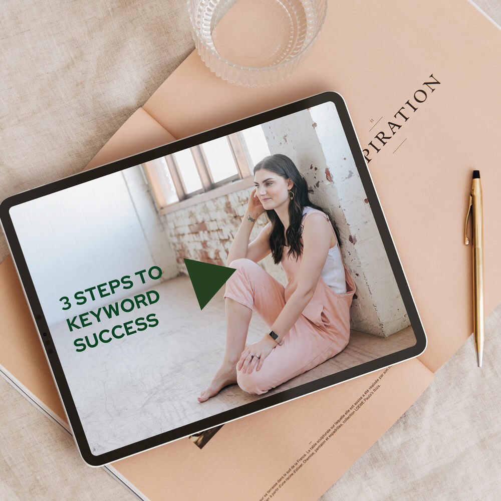 Tablet showing an image of Kaity Griffin and her 3 Steps to Google Ads Keywords Success Free course